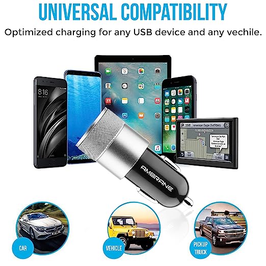 Ambrane 12W Fast Car Charger, Dual USB Output, Multi-Layer Protection, Fast Charging, Compatible with All Cars, Without Cable for All Mobiles & Other USB Enabled Devices (ACC74, Black & Silver) Ambrane 12W Fast Car Charger, Dual USB Output, Multi-Layer Protection, Fast Charging, Compatible with All Cars, Without Cable for All Mobiles & Other USB Enabled Devices (ACC74, Black & Silver)